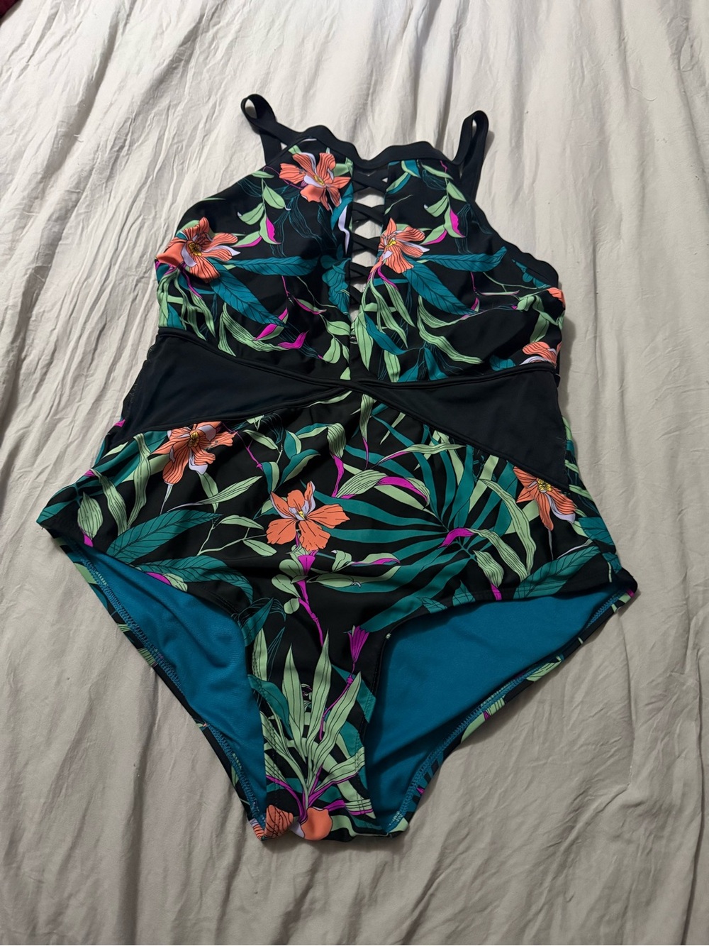 Time and Tru Black Floral One-Piece Swimsuit with Teal and Coral Accents